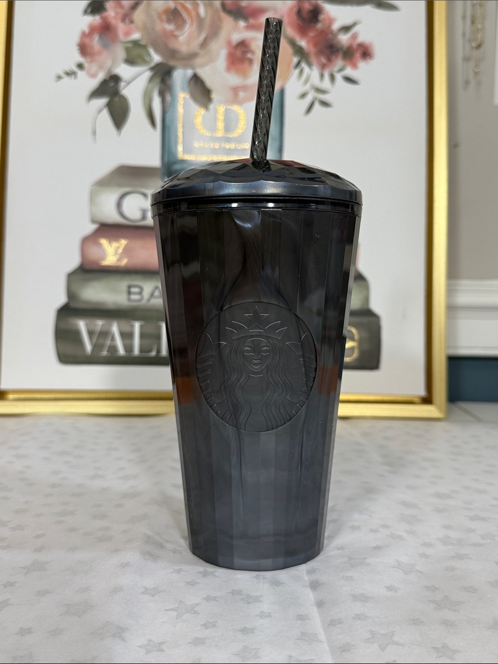 Starbucks Smoky Black Faceted Reusable Tumbler with Straw 16 oz